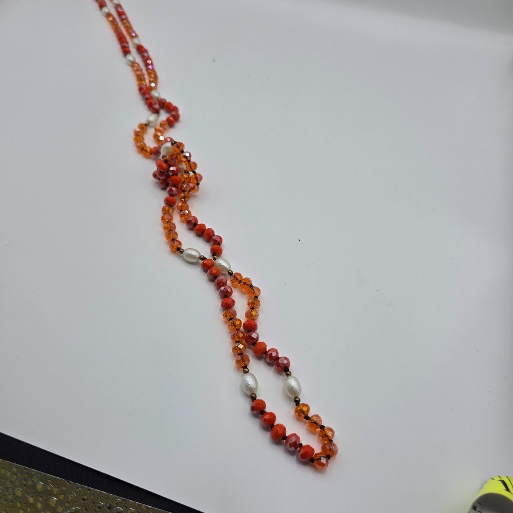 Womens Orange Beaded Round Crystal Pearl Necklace Summer Beach 50" - Picture 5 of 9